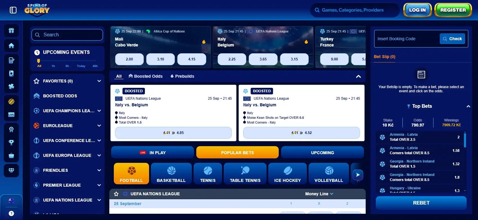 Real Spins of Glory sportsbook interface or sports landing page