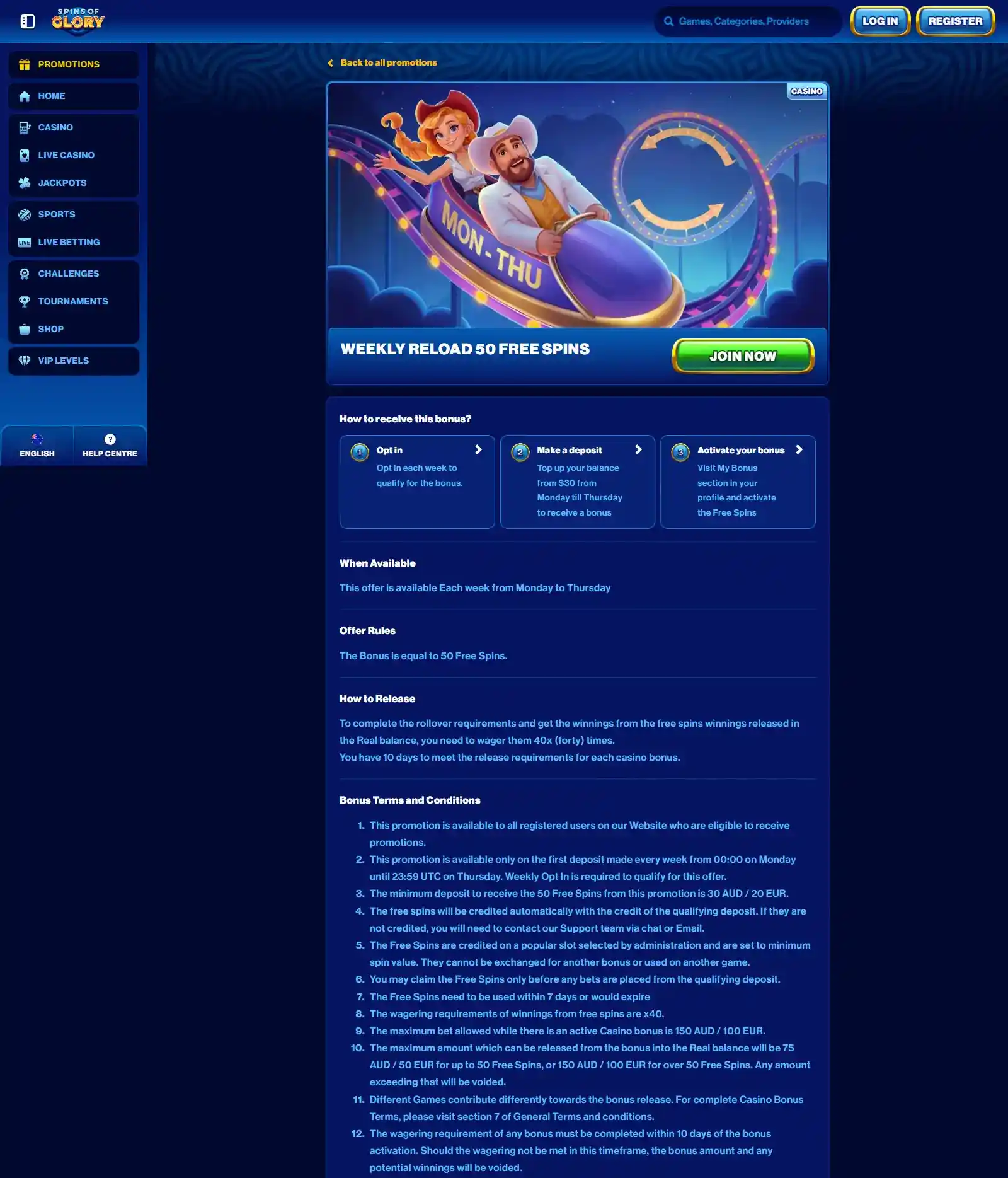 Spins of Glory Australia weekly reload promotion page showing the current offer terms