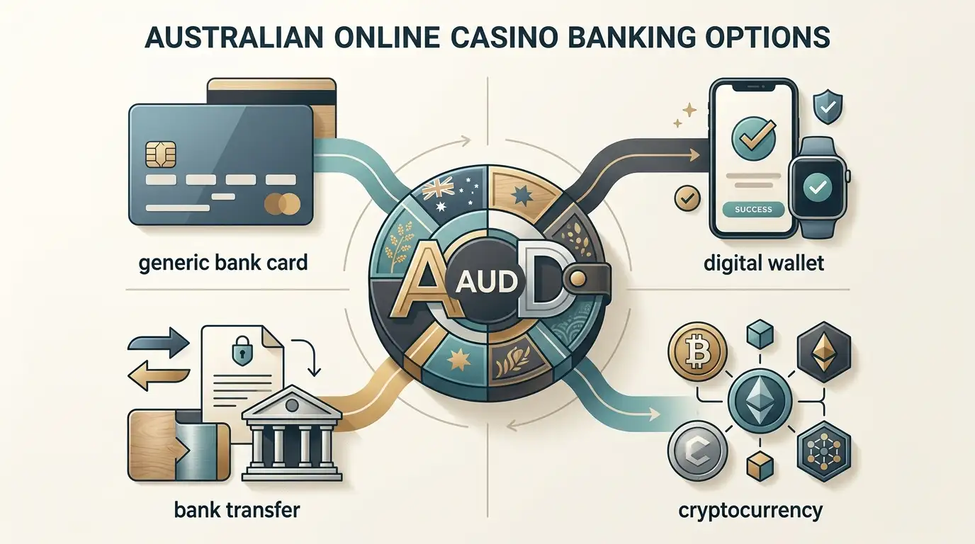 Editorial payment matrix showing AUD, cards, e-wallets, bank transfer and cryptocurrency categories