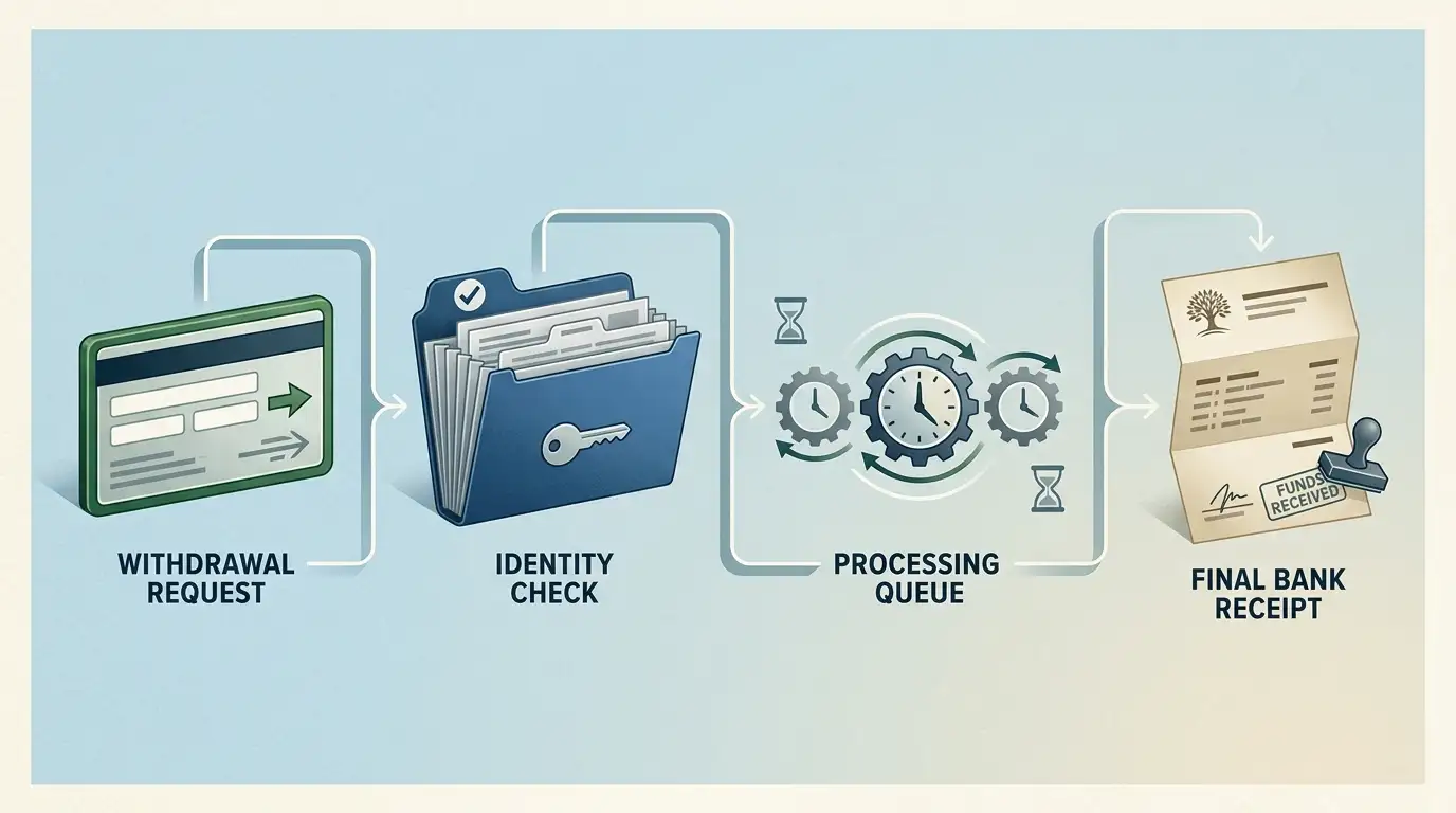 Conceptual withdrawal workflow from request through verification and processing to receipt