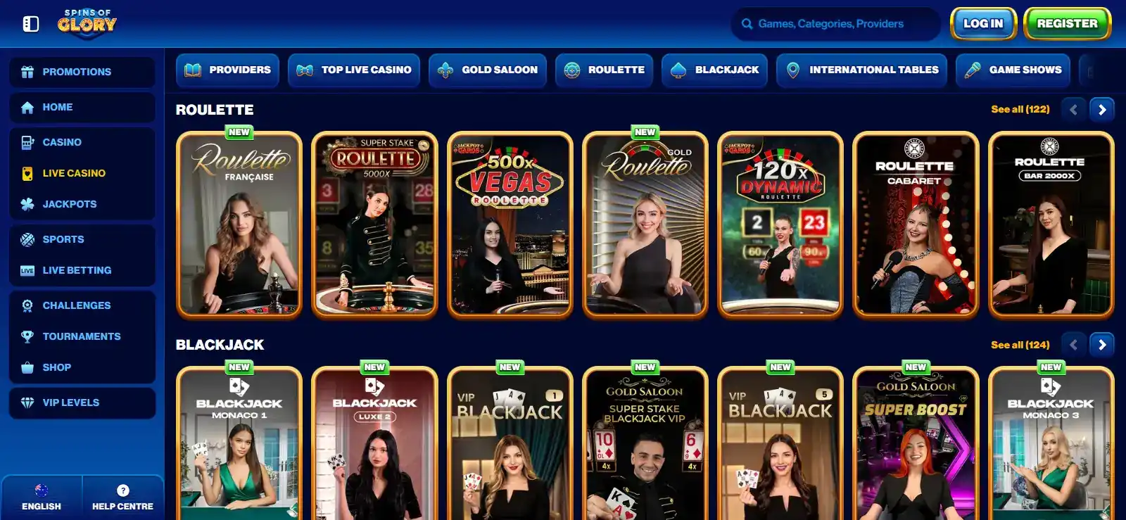 Spins of Glory live casino lobby showing the current live dealer category and tables
