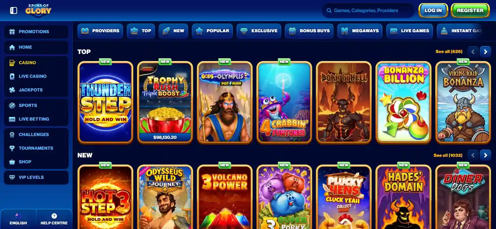 Spins of Glory game library showing casino categories and provider browsing