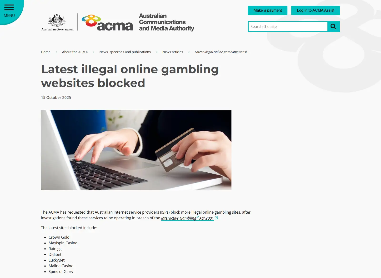 ACMA 15 October 2025 blocking notice showing Spins of Glory among blocked gambling websites