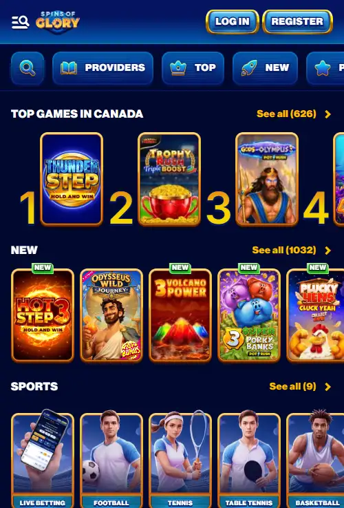 Real Spins of Glory mobile-browser interface on a phone viewport