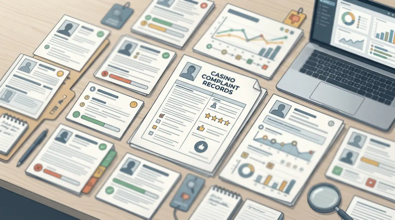 Editorial illustration of complaint records, review ratings and evidence checking