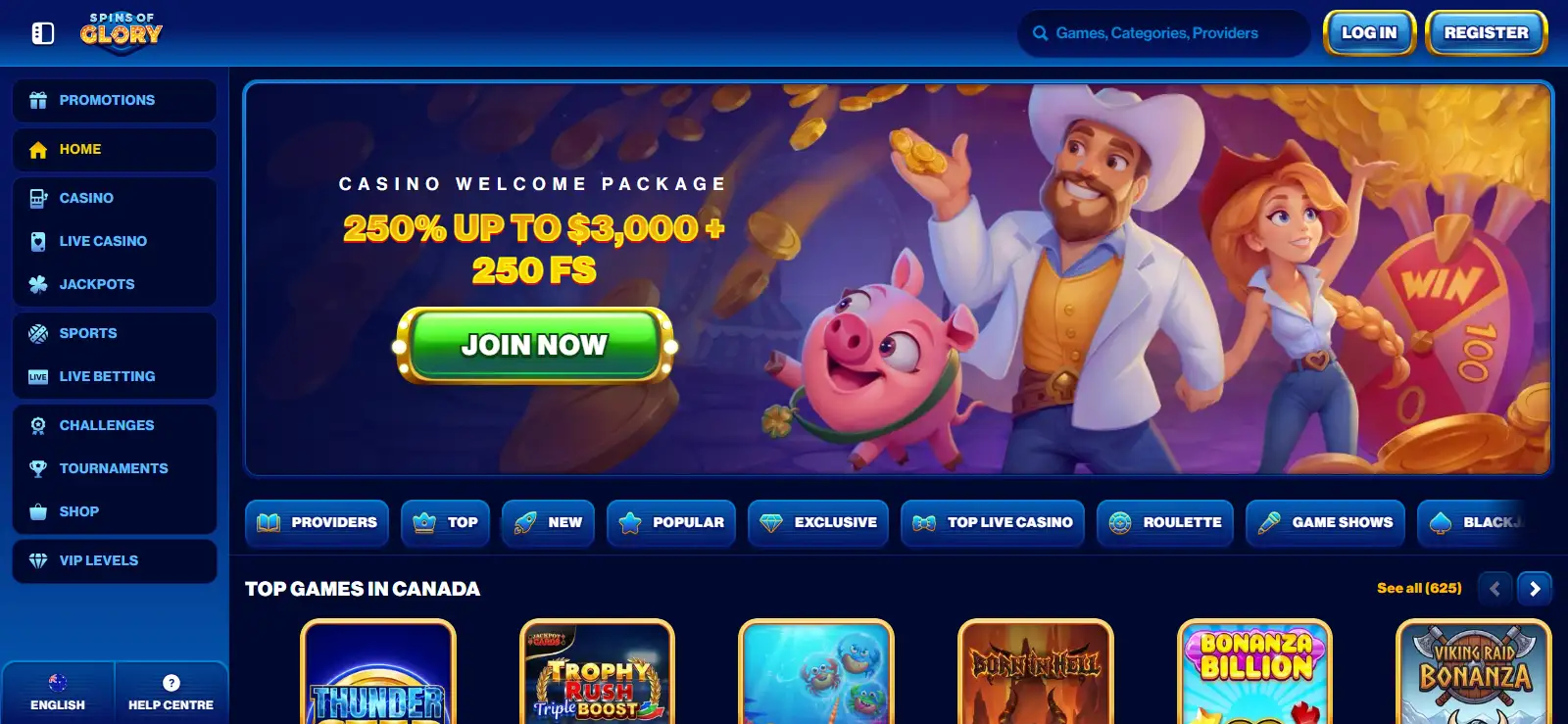 View of the Australia-facing Spins of Glory casino interface