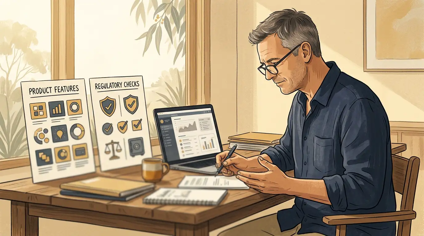 Editorial illustration of an Australian reader assessing an offshore online casino