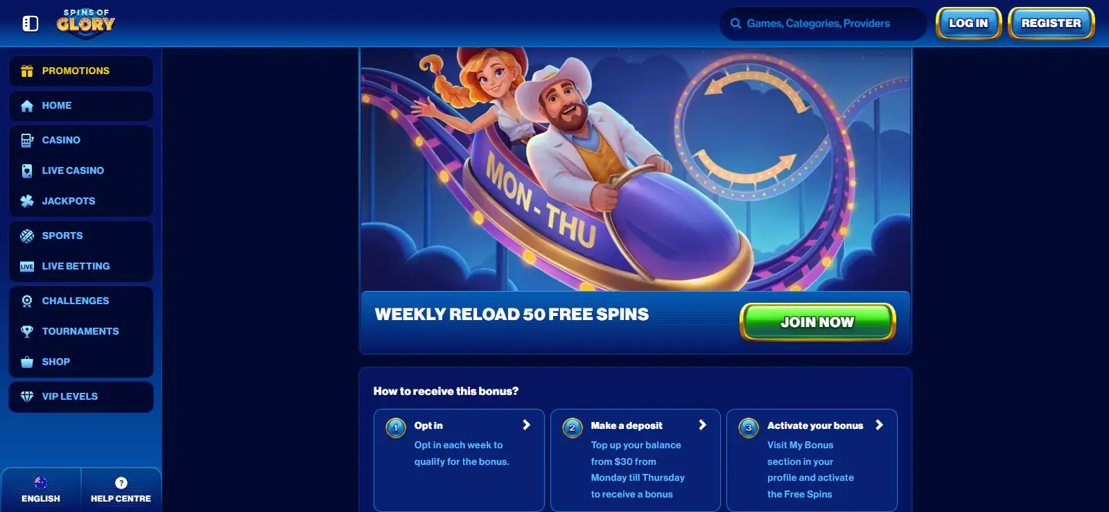 View of the current Australia weekly reload promotion terms at Spins of Glory